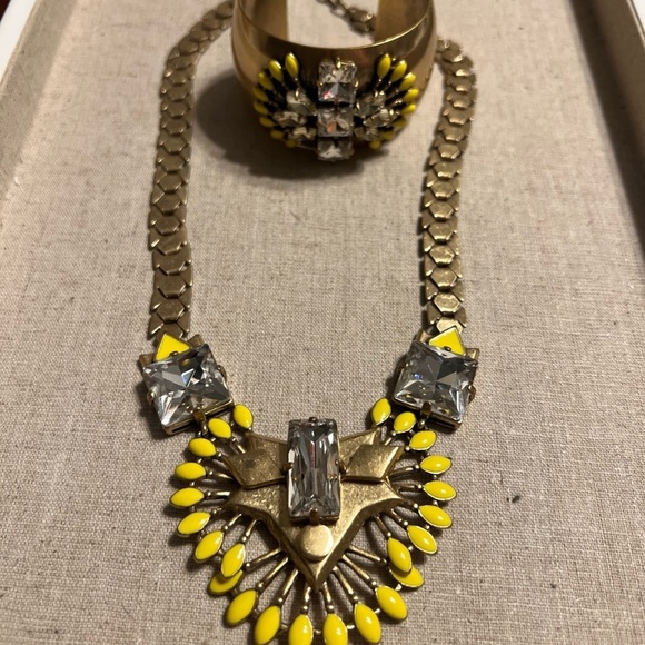 STELLA & DOT Norah Necklace Art Deco Yellow Stone Statement + CUFF Bracelet vtg